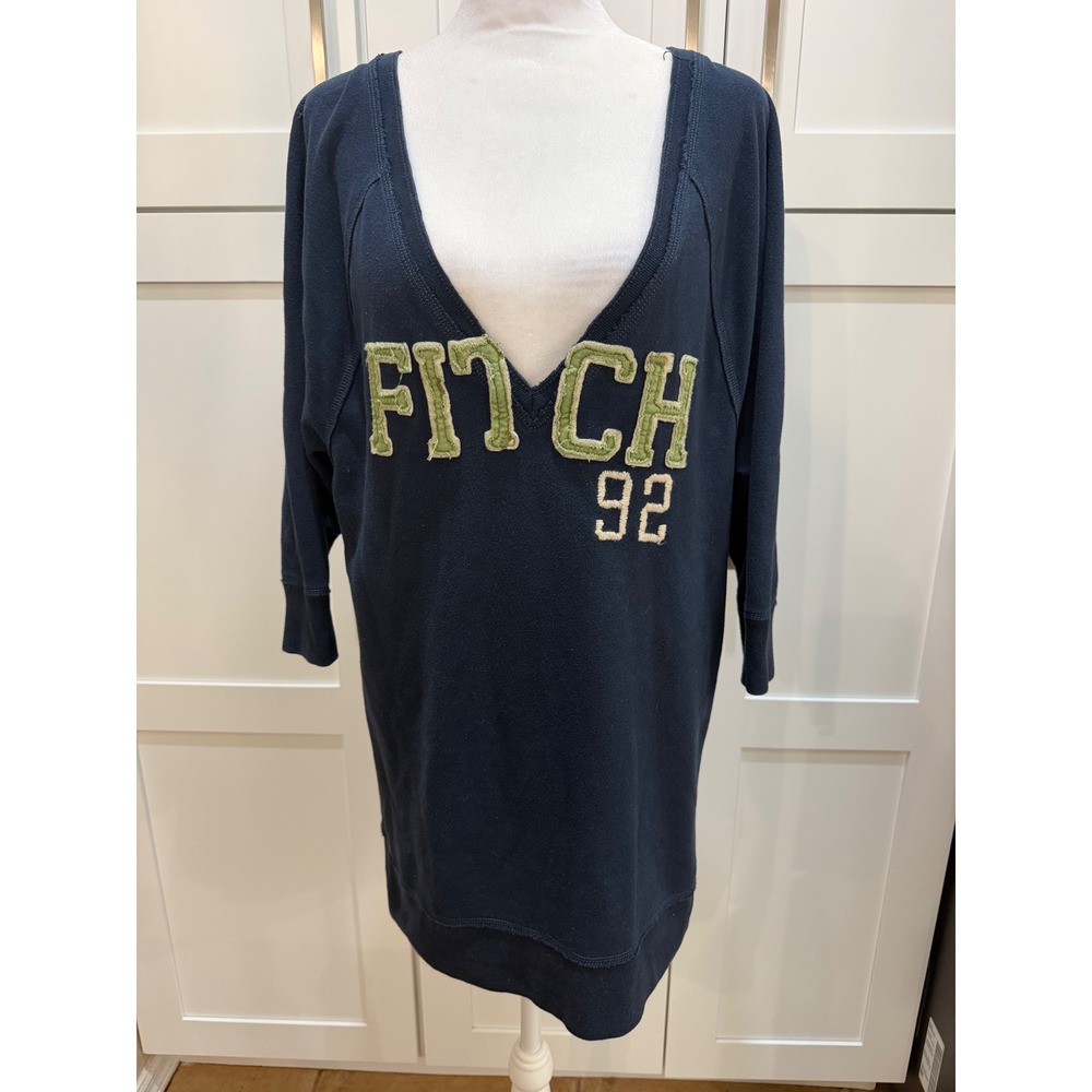 Abercrombie & Fitch Navy Blue V-Neck Sweatshirt Dress Fitch 92 Applique Large